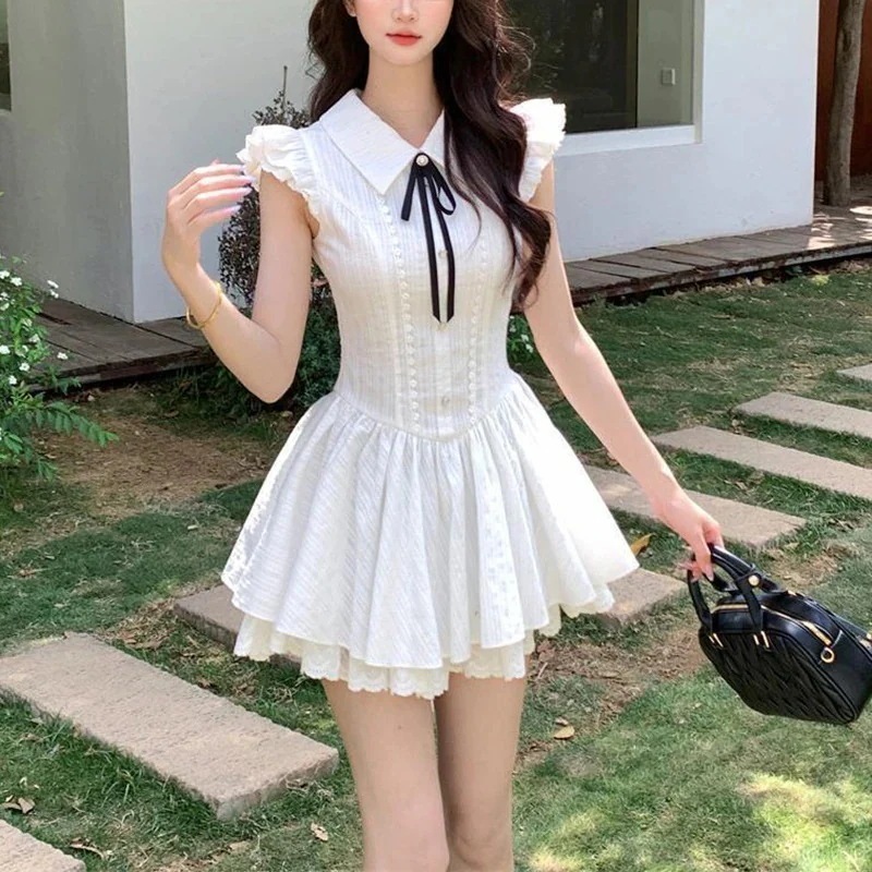 3日出荷 ワンピース 夏 レース パネル デザイン ウエストマーク シルエット美しい フレア ショート丈 tシャツワンピース