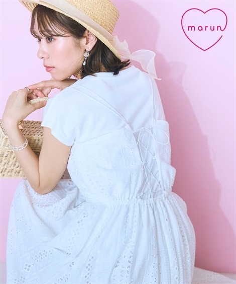 ロングマキシ丈/半袖 大きいサイズ アイレットレースキャミソールワンピース marun