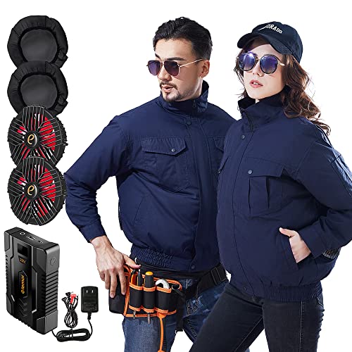 elemai ファン付き作業服 22V超高出力 25000mAh ファンバッテリーセット 空冷調節作業服 猛暑対策必須品 綿100% 長袖 (S, ネイビー)