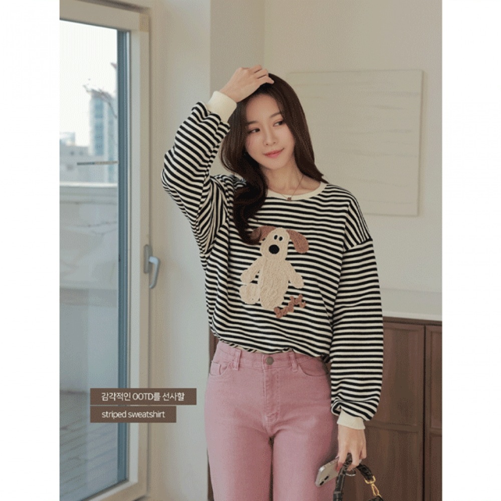 Click & Funny [ブラッシュド] ドッグエンブロイダリーストライプスウェットシャツ