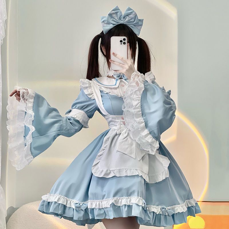 ブルーキャットメイドドレスレトロジスリーブメイドドレスコスプレアニメメイドプリンセスドレス