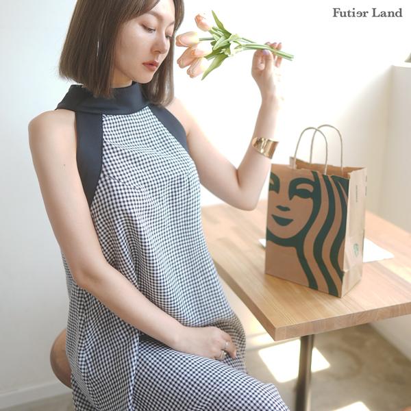 ギンガムチェック ワンピース ホルターネック アメリカンスリーブ ロングワンピース モノトーン 韓国 ファッション / ギンガムチェックホルターネックワンピース