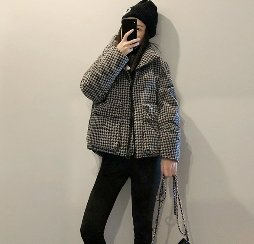 レディース アウター 上着 長袖 スタンドカラー ストレート もこもこ ふっくら ポケット ポリエステル 大人可愛い カジュアル おしゃれ レトロ 存在感 千鳥格子 冬 デート お出かけ 前開き