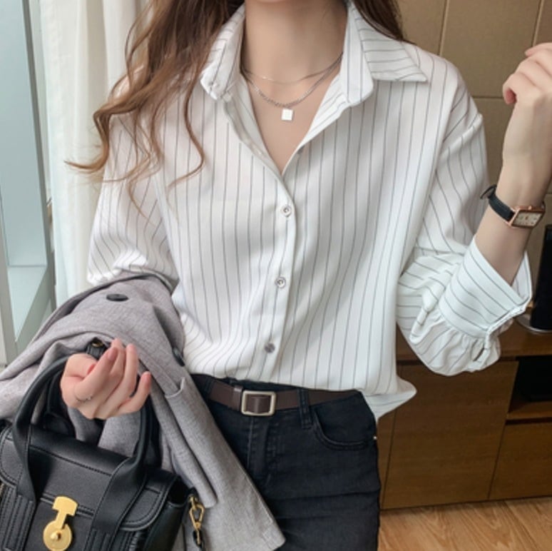 トップス デート かわいい 大人可愛い きれいめ シンプル カジュアル 大人 上品 おしゃれ お洒落 シャツ 襟付き ストライプ オフィス 通勤 ママ イベント エレガント XL ２XL ホワイト