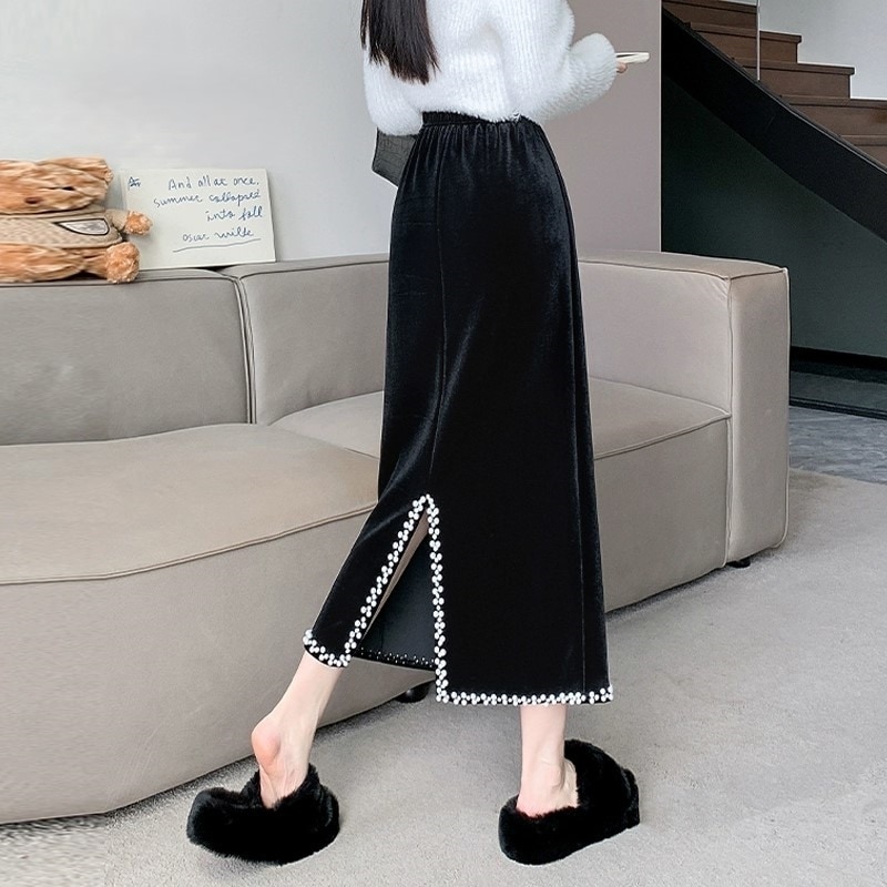 スカート ロングスカート フレアスカート ミモレ丈 Aライン バックスリット ハイウエスト ウエストゴム 伸縮性 裏起毛 大人 おしゃれ こなれ感 個性的 存在感 とろみ感 秋 冬 レディース