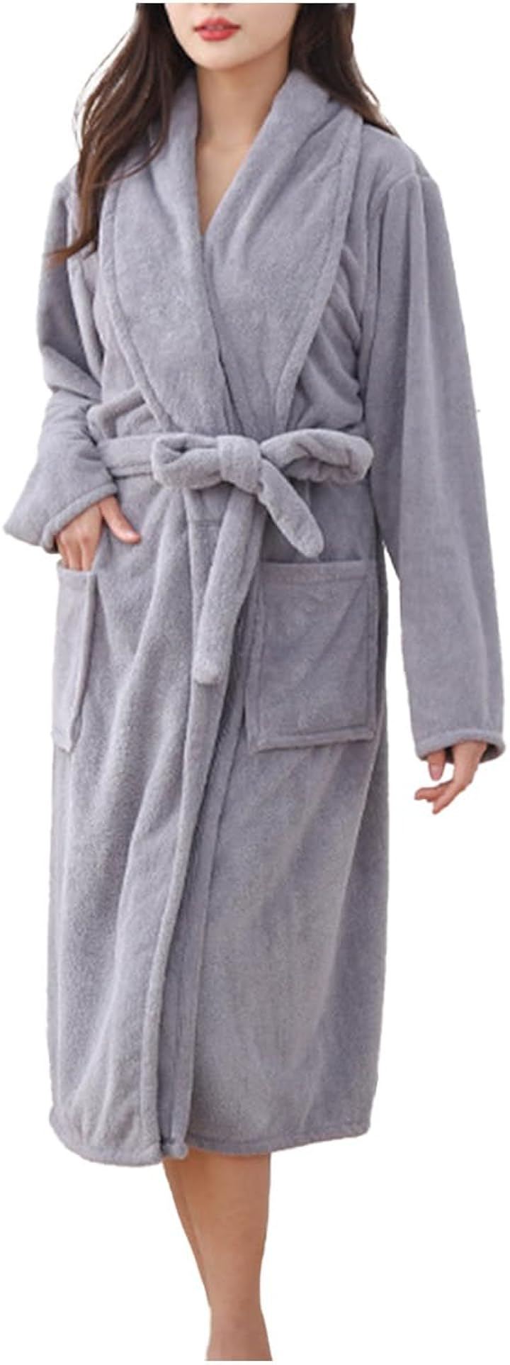 ルームウェア レディース バスローブ 長袖 部屋着 かわいい 大きいサイズ ガウン おしゃれ 薄手 タオル地 ひざ丈 ミドル丈 秋 冬 春 (グレー, Free Size)