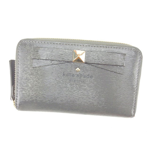 中長財布 ラウンドファスナー リボンモチーフ グレー ゴールド 中古