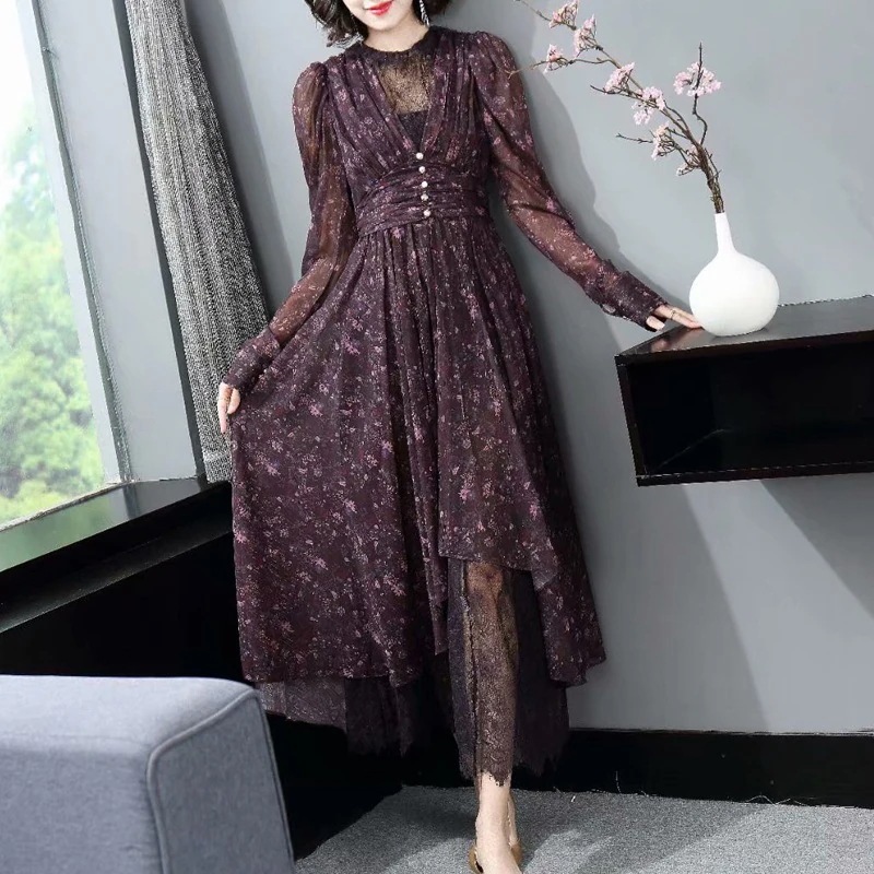 ラウンドネック パフ 長袖 シースルー レース接ぎプリント 変則ロングワンピース ワンピース 秋冬 婦人服 2024