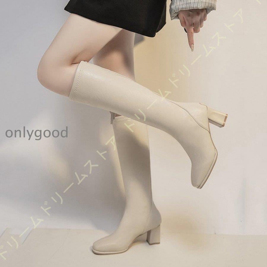 【今季トレンド】スクエアトゥ ロングブーツ 太ヒール ジョッキーブーツ バックファスナー 膝丈 レディース チャンキーヒール エンジニアブーツ バックジッパー ハイヒール 7cm