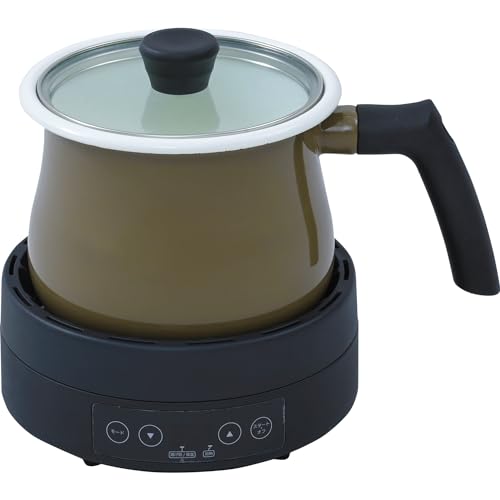 [山善] IHクッキングポット IHコンロ 1000W マルチポット付き 16cm 2.1L 卓上 小型 一人鍋 一人暮らし ホーロー鍋 オリーブブラウン YECP-S100(OB)