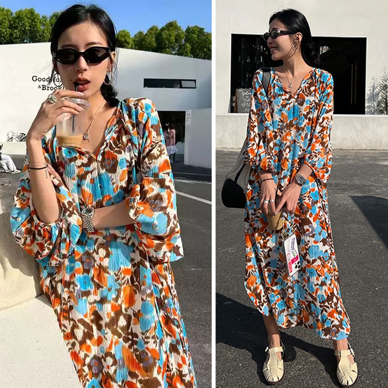 花柄シフォンワンピース レディース ワンピース ロング 長袖 Vネック Aライン ハイウエスト おしゃれ レトロ こなれ感 夏 お出かけ リゾート バカンス 楽ちん S M L XL