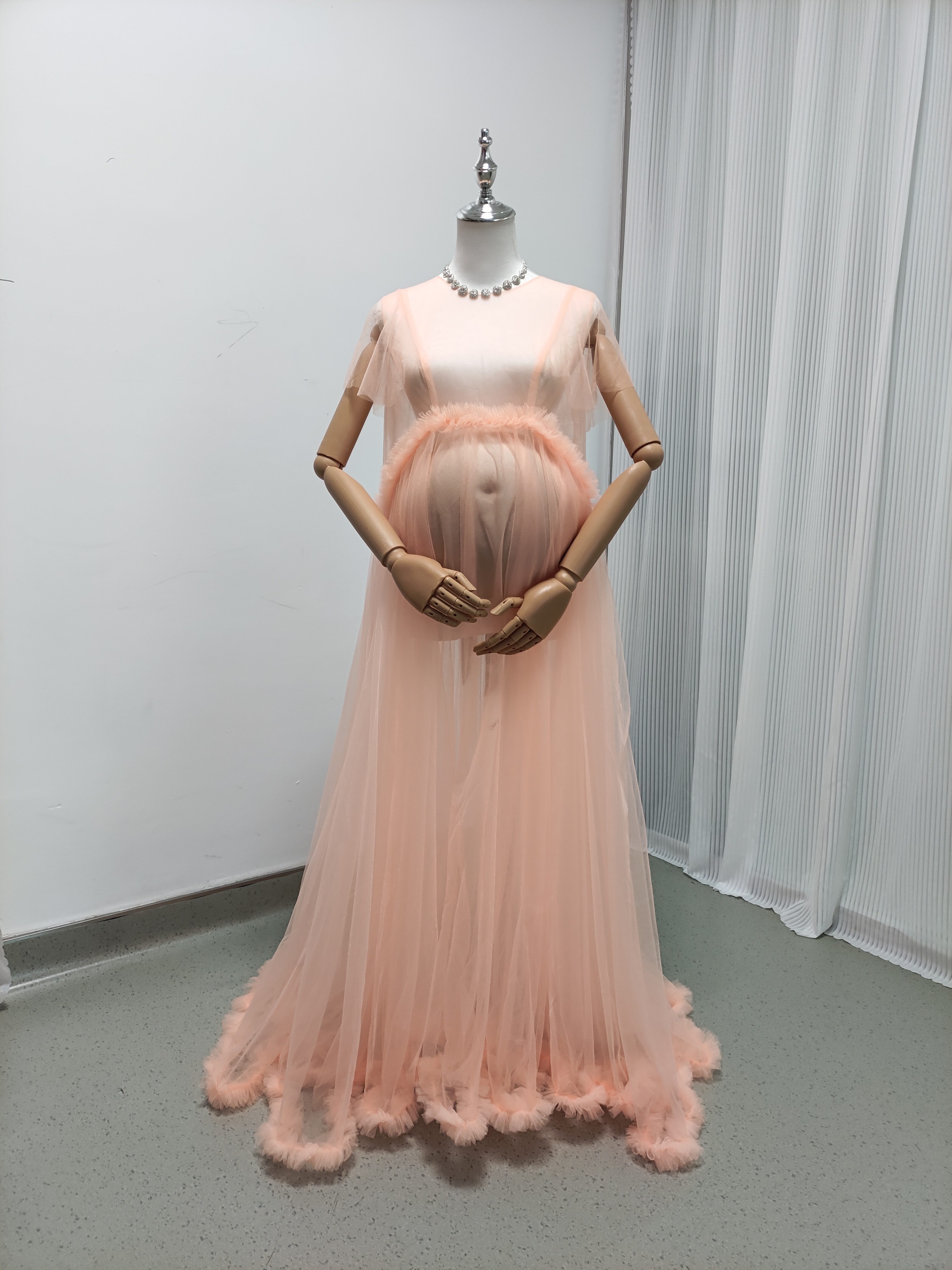 妊婦ドレス マタニティ オレンジ シースルー ワンピース 写真撮影 ソフトチュール