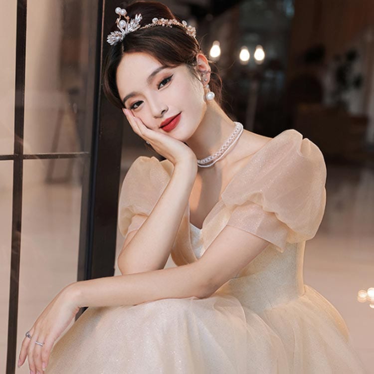 [高品質]ドレス ロングワンピース シースルー袖 結婚式 披露宴 二次会 お呼ばれ パーティードレス シャンパン色 レディース フォーマル 春 夏 秋 冬 ウエディングドレス 大きいサイズ 大人 上品