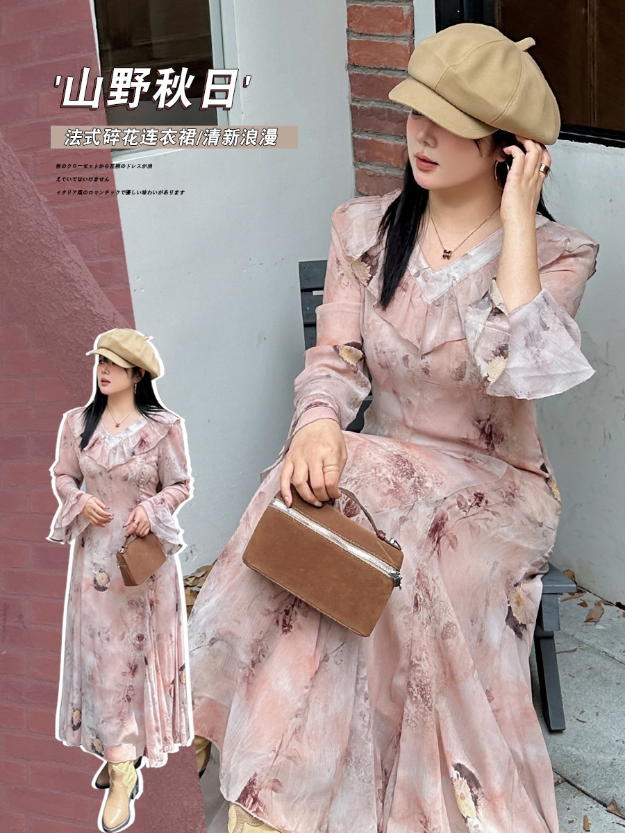 【ぽちゃまに】 2024秋新品 柄ワンピース vネック フリル 大きいサイズ 体型カバー レディース 長袖 ロングワンピース メガ割