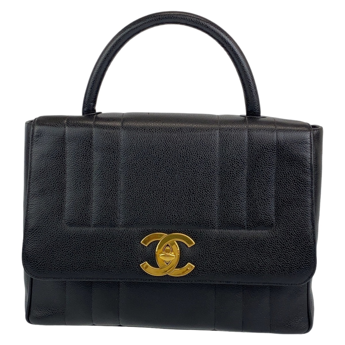 美品 ヴィンテージ ココマーク ターンロック マドモアゼル ブラック 黒 ゴールド金具 キャビアスキン トップハンドル ハンドバッグ レディース 402905