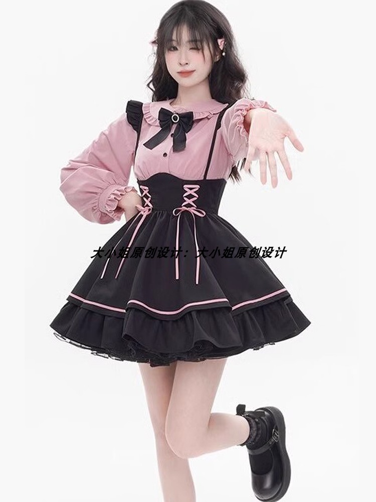 lolita地雷パーカーロリータ ワンピース ゴスロリドレスロリータ女性春秋スイートカレッジドールカラーシャツツーピーススーツDiLeiLei