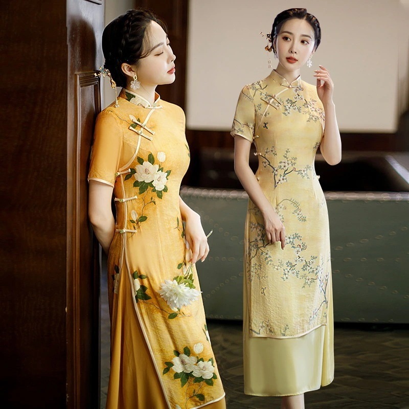 【今季トレンド】523サマーミッドレングススリム＆スリム改良チャイナテンセルン二層フレッシュアオザイドレス30%OFF安い