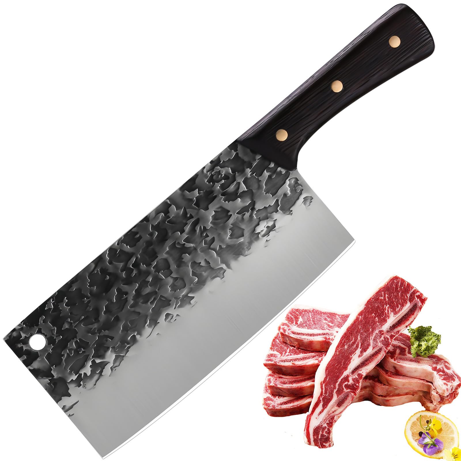 中華包丁 キッチンナイフ 200ｍｍ よく切れる 鍛造槌目カーボンステンレス鋼 両刃 天然ウッドハンドル 切る 叩く 千切り 細工切りに対応 業務用 家庭用 プレゼント