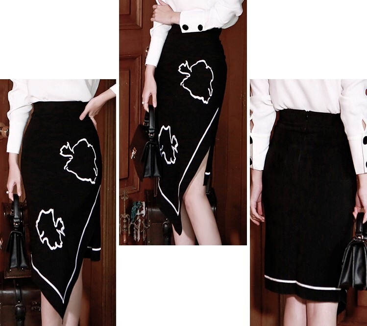 モノトーンスカート ボトムス スカート ラップ風 斜めスリット フェミニンスーツ素材 大人かわいい