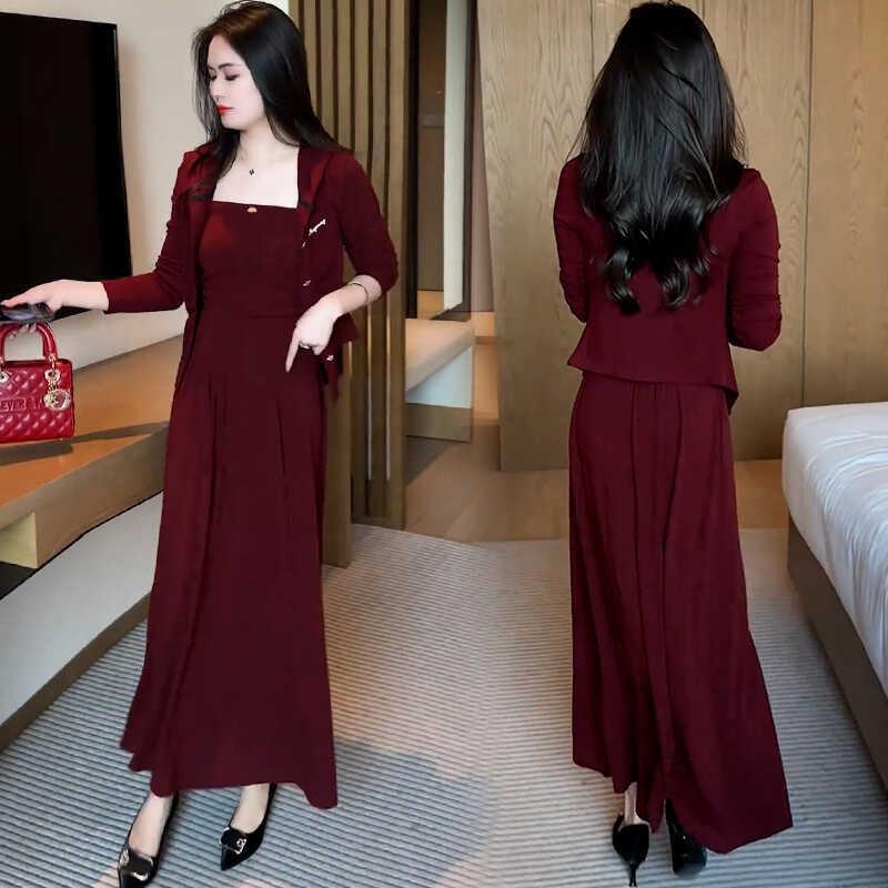 ワンピースセット女性早秋洋気が痩せているカーディガンのストラップ半身減齢スカート3点セット