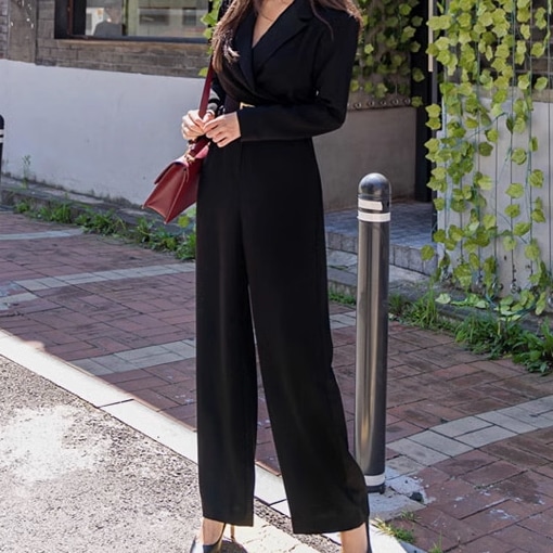 レディース ボトムス オールインワン ストレートパンツ ロングパンツ 長袖 Vネック ウエストベルト おしゃれ かっこいい レトロ こなれ感 個性的 ラフ ルーズ 主役級 存在感 抜け感 無地