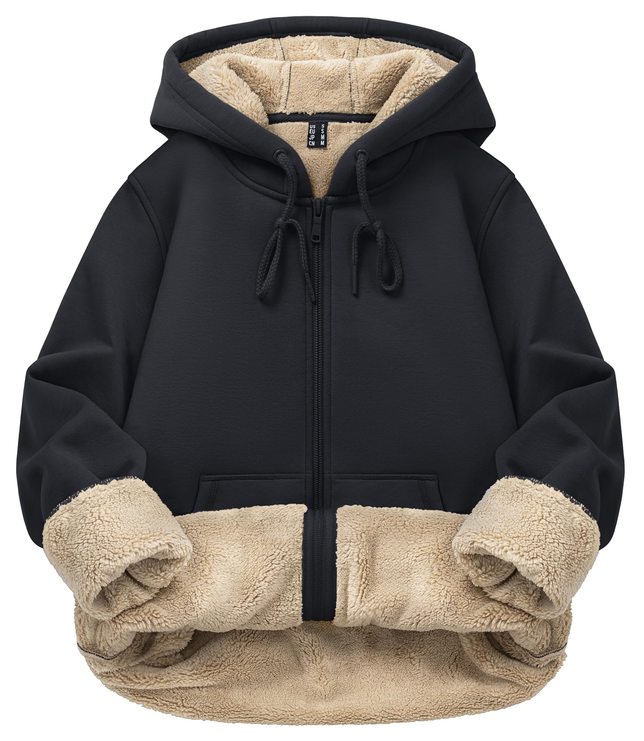 [TACVASEN] レディース 防寒 スウェットシャツ カジュアル ジップアップ ストレッチ 無地 シンプル パーカートップス カジュアルウエア 上着 柔かい 通勤 フリース ポケット付き ブラック