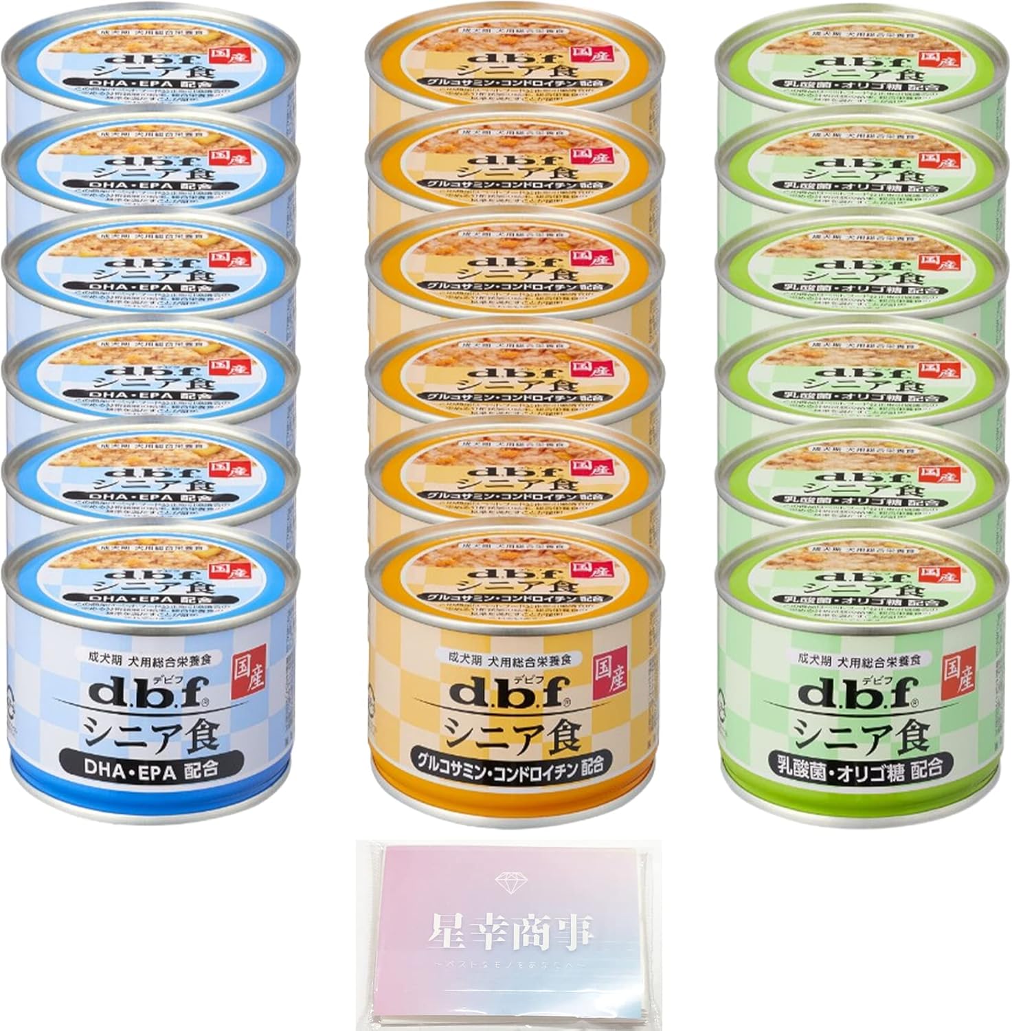デビフ シニア食 150g 3種セット 各6缶（計18缶） DHA・EPA 乳酸菌・オリゴ糖 グルコサミン・コンドロイチン ドッグフード 犬 缶詰 高齢犬 オリジナルティッシュ付き