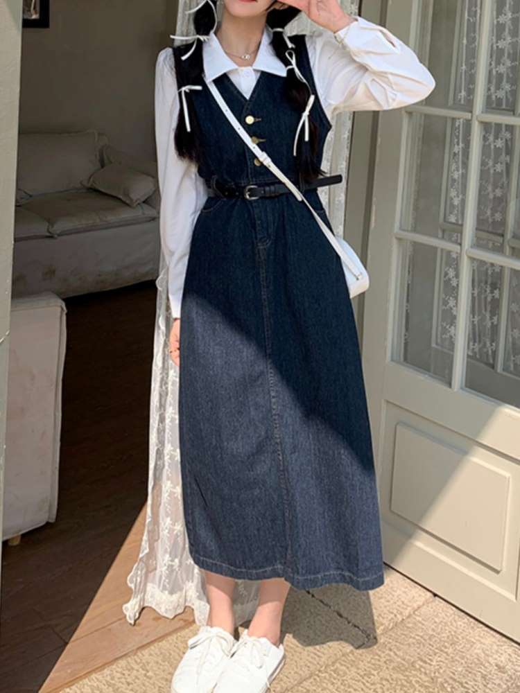 着るだけでサマになる デニムロングワンピース×ブラウス 2点セット 着回し万能 デニムワンピース 可愛い カジュアル シンプル 大きいサイズ 韓国 CH8705