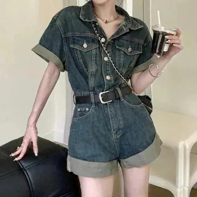 メガ割26オーバーオール パンツ ショート丈 デニム ジーンズ ボタン 襟 スタンドカラー 半袖 つなぎ ゆったり 細見え かわいい カジュアル おしゃれ 韓国ファッション レディース お出かけ