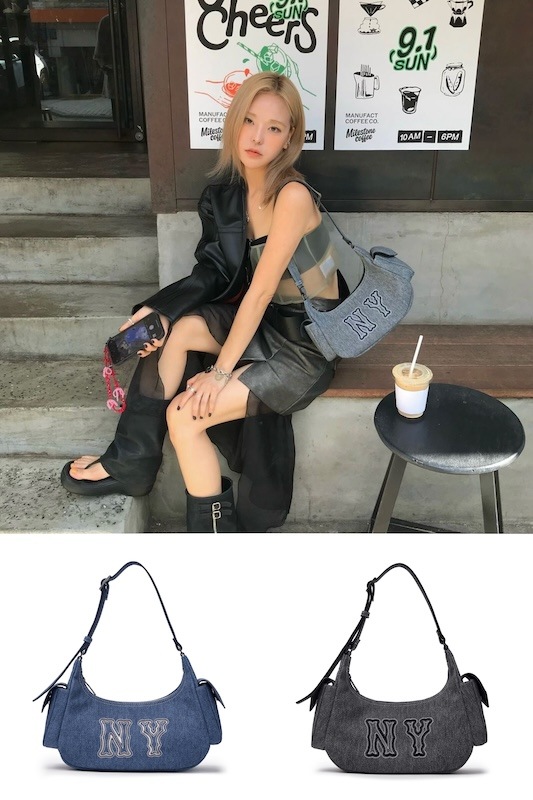 3ABQM034N韓国限定販売 ベーシック メガロゴ ポケット デニム ホボバッグ ニューヨーク ヤンキース