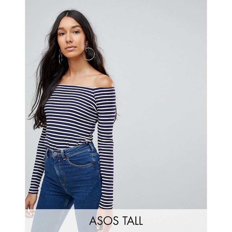 エイソス レディース トップス オフショルダー【ASOS TALL Off Shoulder Stripe Top】White/navy エイソス レディース トップス オフショルダー【ASOS TALL Off Shoulder Stripe Top】White/navy