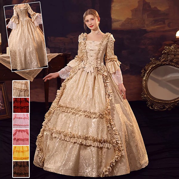 貴族ドレス パーティー 中世 ドレス 貴族 衣装 演奏会用ロングドレス 大きいサイズ 貴族 ワンピース 刺繍 プリンセスライン フリル 長袖 ピンク イエロー グリーン 赤
