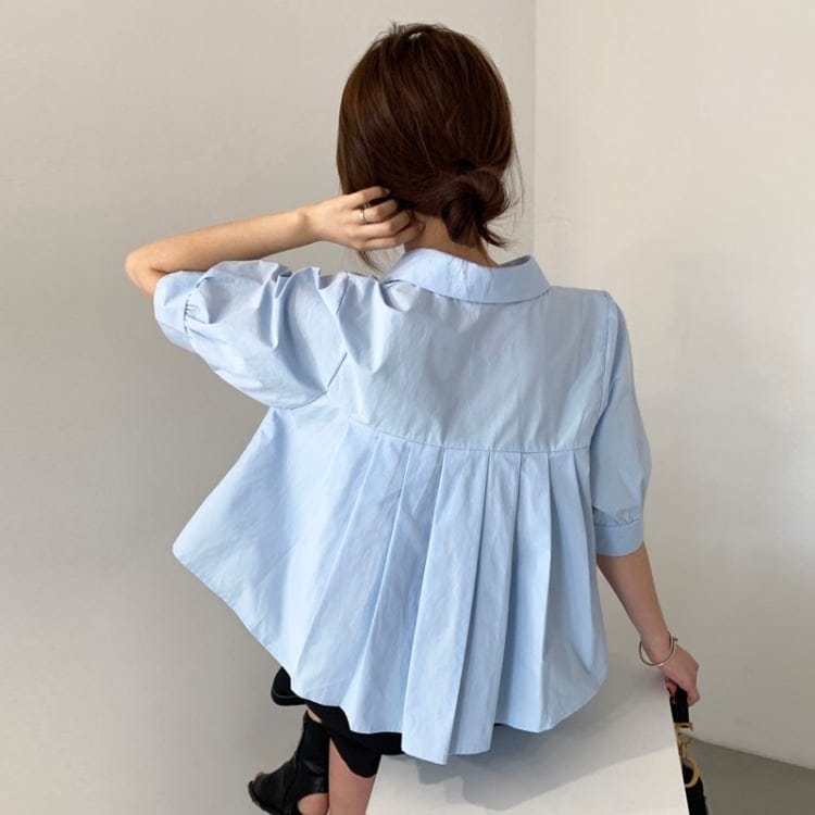 トップス ブラウス カットソー 白トップス 袖あり 半袖 プリーツ パフスリーブ かわいい 大人可愛い シンプル カジュアル 大人 おしゃれ お洒落 かっこいい 大人可愛い 無地 春 夏 秋 10代