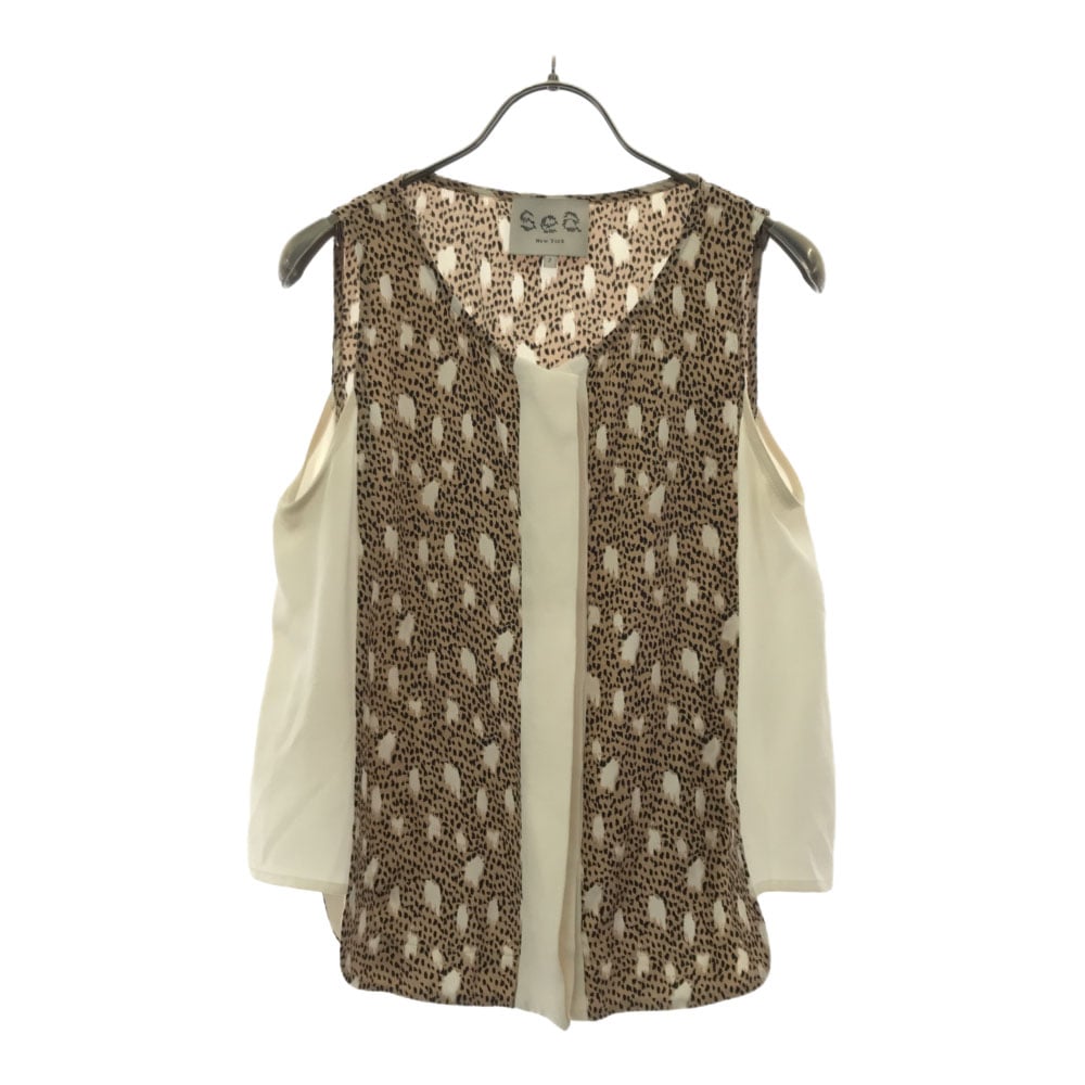 シルク USA製 豹柄 プリント ノースリーブ カットソー 2 ホワイト×ベージュ レディース