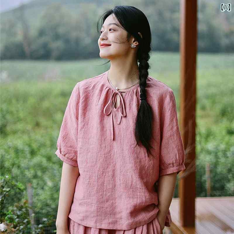 レディース　シャツ　トップス Blooming 193 花 / フランス 発酵 染め リネン 肌に 優しい 通気性 半袖 文学 カジュアル シャツ 女性用