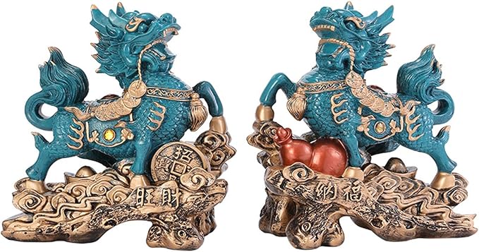 風水 キリン 樹脂 キリン 置物 風水用品 キリン 玄関 部屋 開運祈願 金運祈願 寝室 風水 リビング 厄除け 商売繁盛 魔除け 魔除け 金運 開運 ペア 左右セット (青)