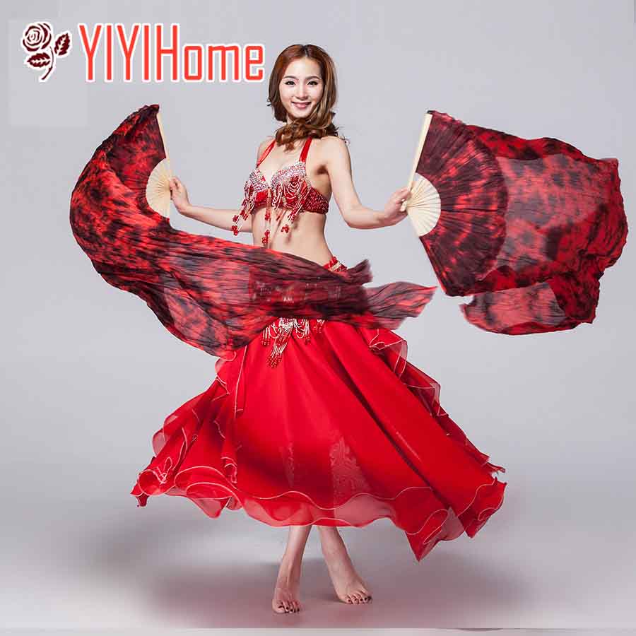 シルクファンベール 絞り染めブラック　レッド ベリーダンス衣装 コスチューム レッスン 発表会 ステージ 両手 2本セット左手用 右手用 扇子 団扇 舞台 小道具 アクセサリー 演出 飾り