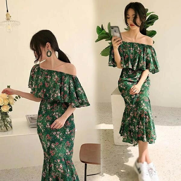 マーメイド 夏ワンピース シフォン オフショルダー 2Ways 花柄 リゾートワンピース 沖縄 大人可愛い かわいい きれいめ 大人可愛い かわいい フリル グリーン オフショル 花柄ワンピース ハワ