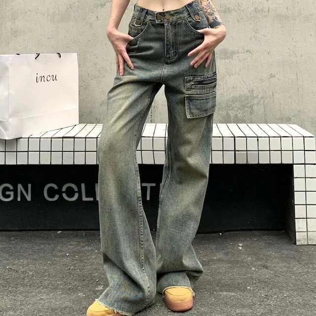 韓国ファッション ウォッシュ加工 パンツ ハイウエスト フリンジ ワイド 細見え お出かけ ストレート 脚長効果 カジュアル 美脚効果 レディース ジーンズ 春 デニム