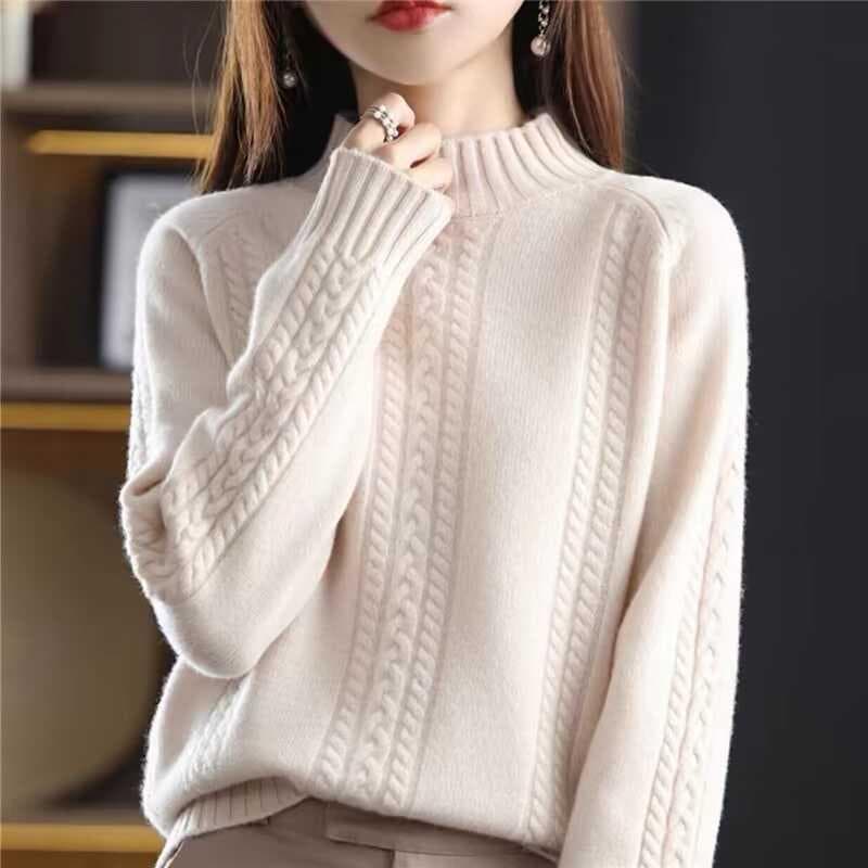 秋冬 コーデ レディース ファッション オシャレ 服 カワイイ シンプル 大人カワイイ 大きいサイズ スリム セーター ハーフ タートルネック ツイスト ソリッドカラー プルオーバー ニット ウール