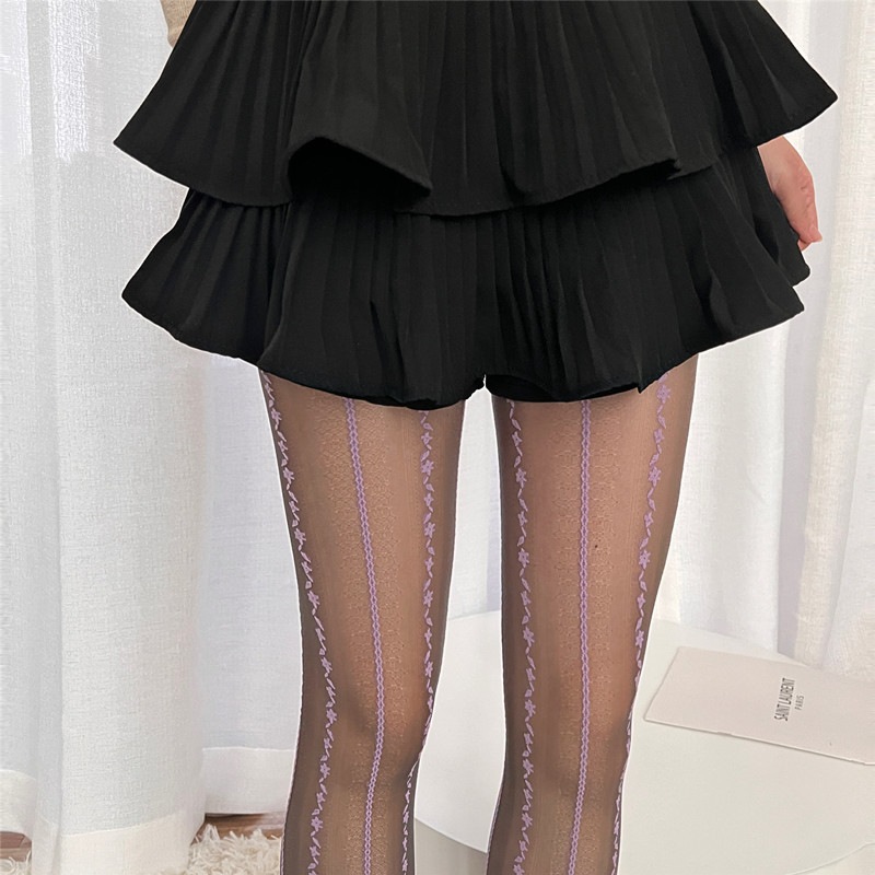 【1つ買うと10つ無料】2025春と夏のレトロなバレエスタイルの中空レース美しい脚のストッキングはあなたがスリムな垂直ストライプの暗いパターンを見せます純粋で貪欲な白いパンスト