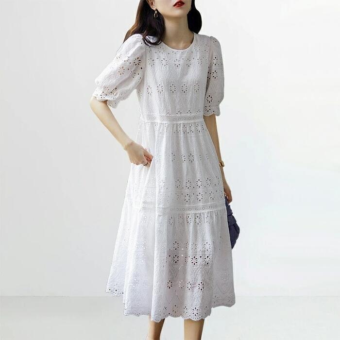 ティアード ワンピース ドレス カットワーク レース 袖あり パフスリーブ レディース エレガント きれいめ カジュアル ミモレ丈 大人 可愛い ハイウエスト シンプル 半袖 フェミニン おしゃれ ホ