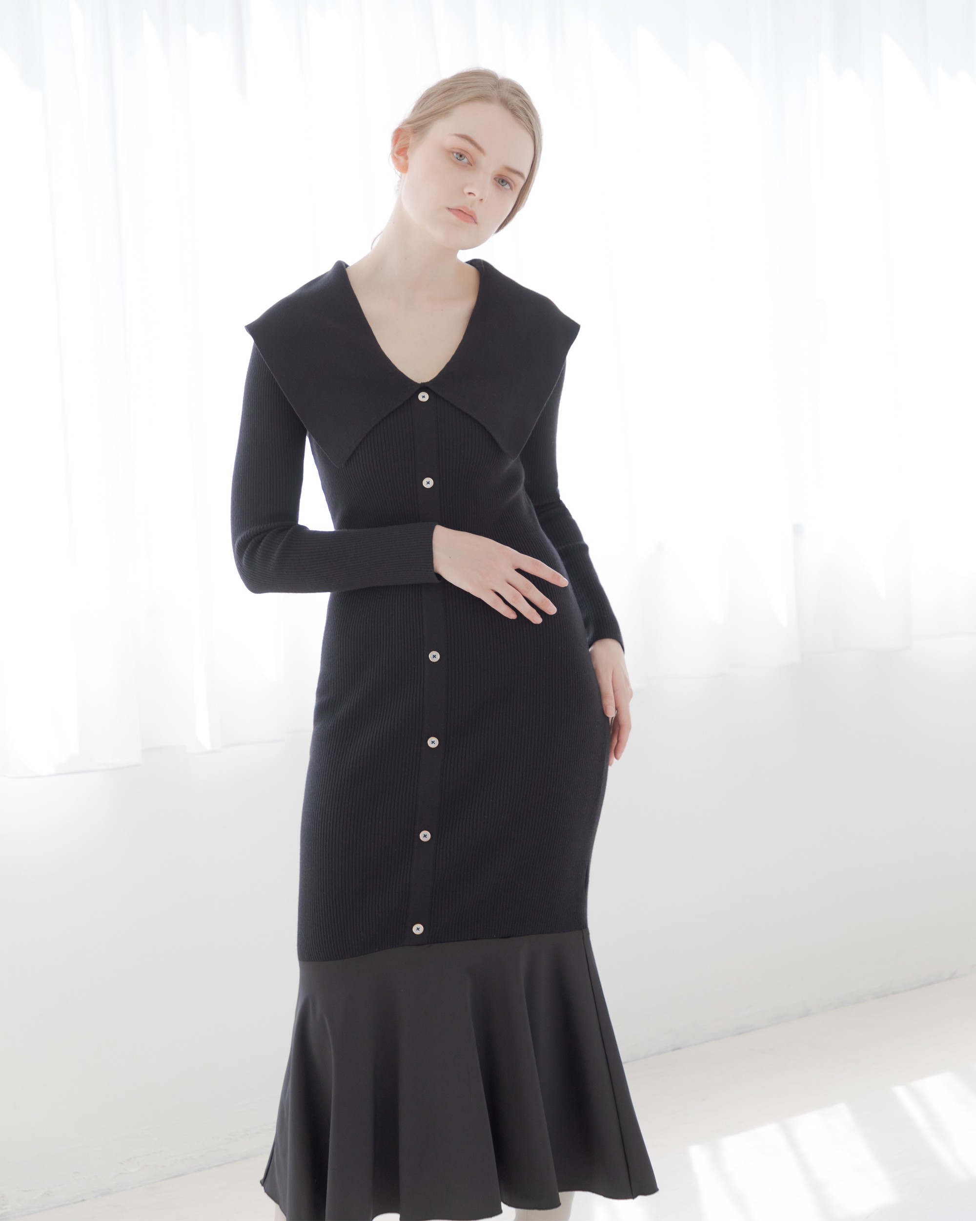 ビックカラーマーメイドニットワンピース フリーサイズ マーメイドワンピース アイボリー ブラック カーキ マーメイドワンピース リブニッ ト フェミニン ニットワンピース