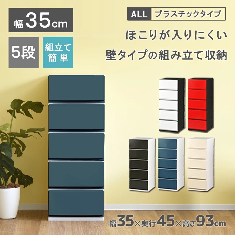 彩PF355 収納ケース プラスチック 引き出し 日本製 幅35cm 奥行45cm 5段 ほこりの入りにくい壁タイプ 不透明タイプ クローゼット 押入れ 衣類収納 衣装ケース ＰＰ