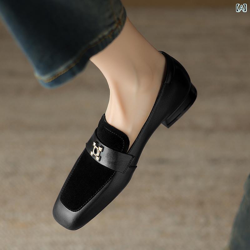 ローファー レディース オフィス レトロ 英国風 太い ヒール スクエアトゥ 革 柔らかい ソール オール シーズン 通用 スクープ シューズ 通勤 シングル シューズ 10,584円