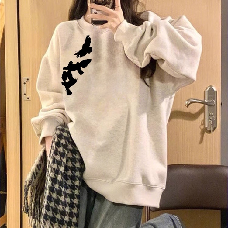 トレーナー スウェット トップス クルーネック プリント ワンポイント 鳥 ドロップショルダー 長袖 パフスリーブ グレー M L XL 2XL 3XL 大人可愛い シンプル 上品 お洒落 こなれ感