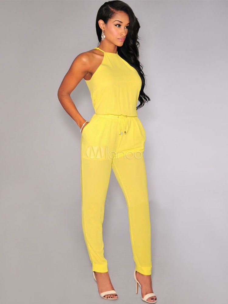 女性のためのスタイリッシュなホルターポリエステルジャンプスーツ