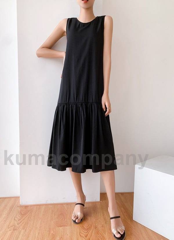 ノースリーブ ワンピース レディース ティアードワンピース Aライン タンクトップ ミモレ丈 膝下丈 夏ワンピース 春 夏 黒 無地 袖なし ゆったり 体型カバー シンプル カジュアル 大きいサイズ
