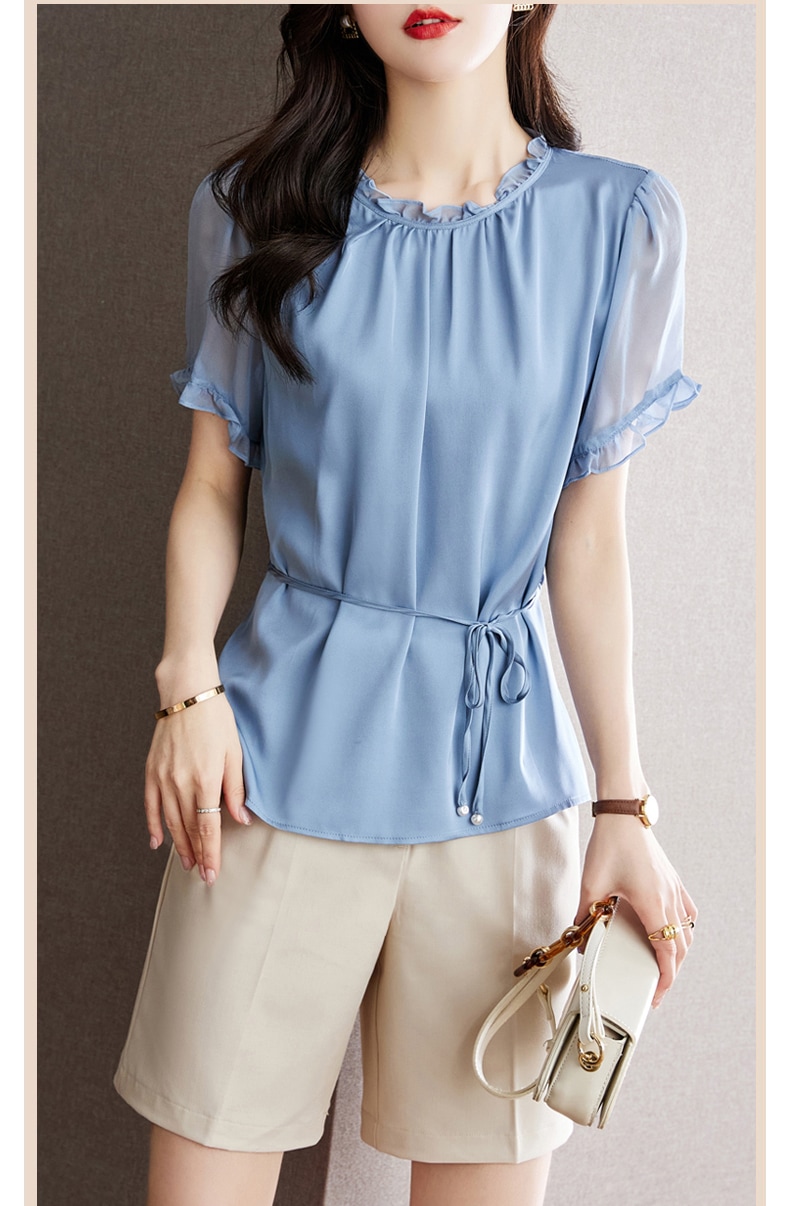 夏 婦人服 ラウンドネック サイドウエスト ウエスト シルク トップ シルク サテン 薄い 半袖 シャツ ネイビー ブルー M L XL XXL トップス 袖あり かわいい 大人可愛い きれいめ