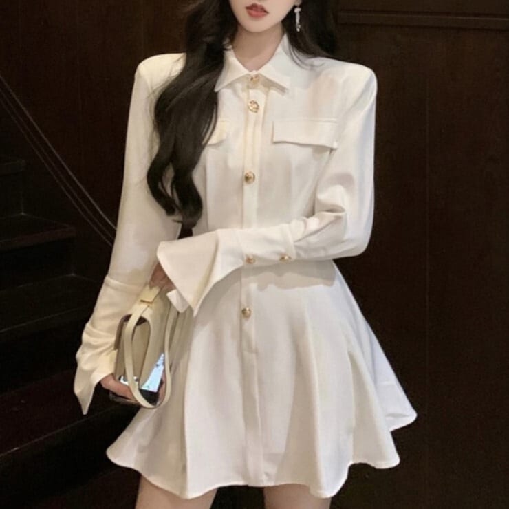 ワンピース レディース スカート 白シャツ プリーツカート シャツワンピース 膝上 ショート丈 ショート 長袖 襟付き Aライン ハイウエスト スリム 細身 薄手 かわいい 大人可愛い きれいめ